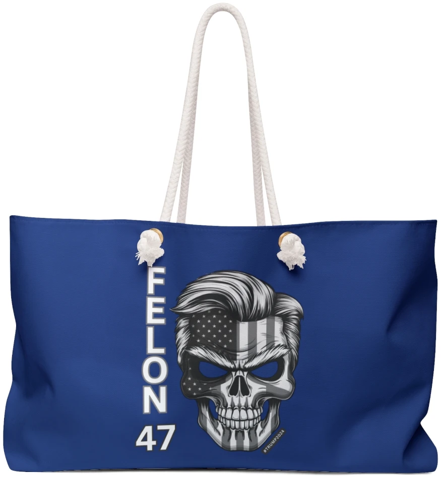 Felon 47 - Skull - Trump 2024 - Grayscale - Iconic Hair and Eyebrows - Blue Weekender Bag - Tote 1 Felon 47 - Skull - Trump 2024 - Grayscale - Iconic Hair and Eyebrows - Blue Weekender Bag - Tote