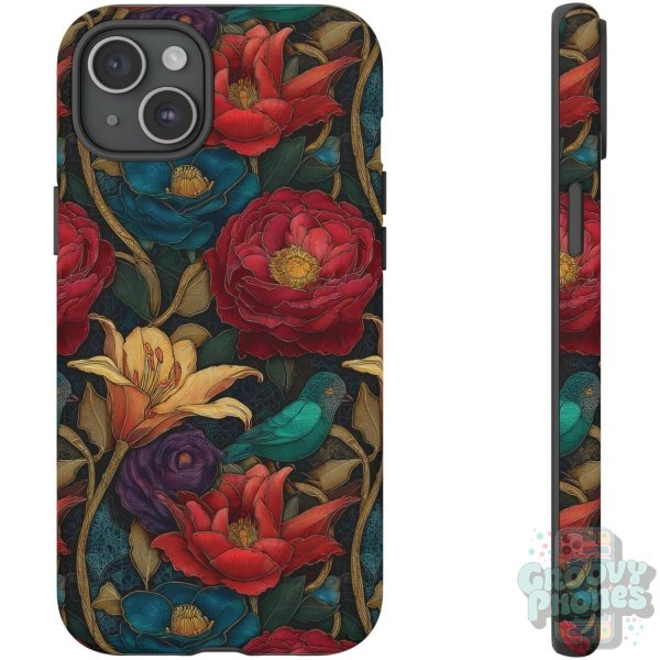 Phone Cases - Stained Glass - Floral with Bird - iPhone 14 15 - Cell Phone - Tough Cases